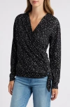 Loveappella Dot Print Faux Tie Wrap Top In Black/ Nat
