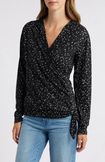 Loveappella Dot Print Faux Tie Wrap Top In Black/nat