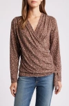 Loveappella Dot Print Faux Tie Wrap Top In Taupe/nat