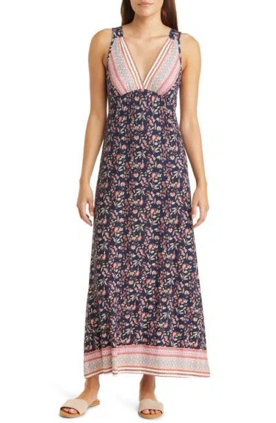 Loveappella Empire Waist Jersey Maxi Dress In Navy/coral
