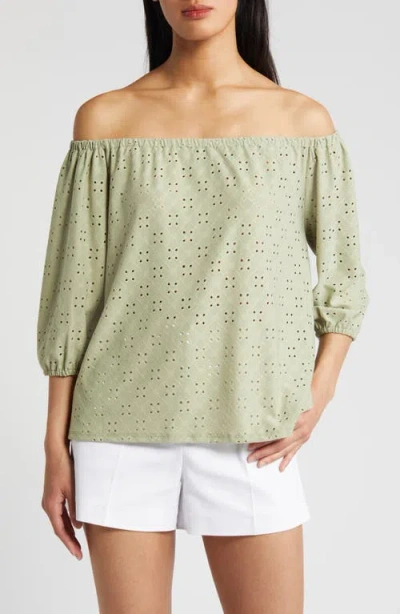 Loveappella Eyelet Off The Shoulder Top In Green