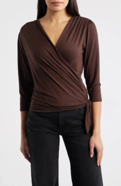 Loveappella Faux Tie Wrap Top In Brown