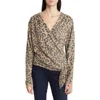 Loveappella Faux Tie Wrap Top In Camel/charcoal
