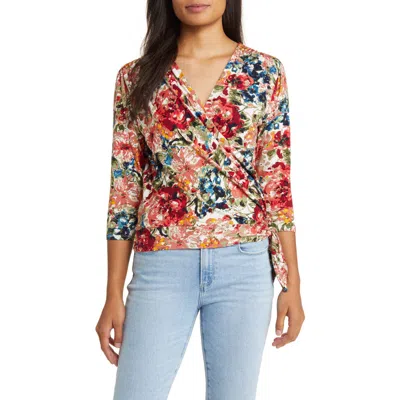 Loveappella Faux Tie Wrap Top In Marsala/olive