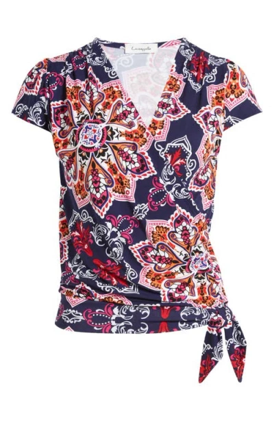 Loveappella Faux Wrap Top In Navy Hot Pink