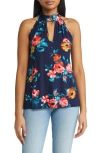 LOVEAPPELLA LOVEAPPELLA FLORAL CUTOUT MOCK NECK HALTER TOP