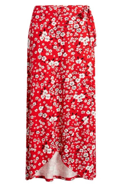 Loveappella Floral Faux Wrap Knit Midi Skirt In Red