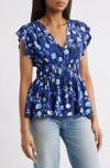 Loveappella Floral Flutter Sleeve Peplum Top In Blue
