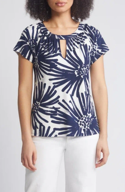 Loveappella Floral Keyhole Short Sleeve Jersey Top In Navy