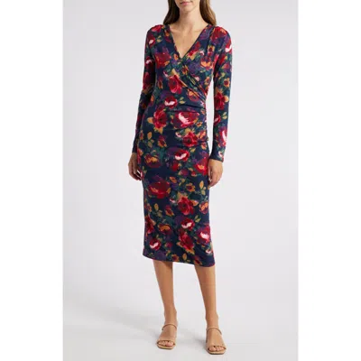 Loveappella Floral Long Sleeve Faux Wrap Midi Dress In Blue Multi