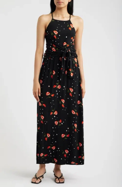 Loveappella Floral Print Apron Maxi Dress In Black