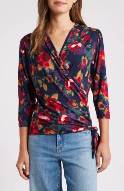 Loveappella Floral Print Faux Tie Wrap Top In Blue Multi