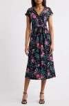 Loveappella Floral Print Faux Wrap Midi Dress In Black