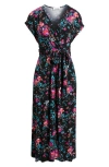 Loveappella Floral Tiered Faux Wrap Knit Maxi Dress In Black/fuchsia