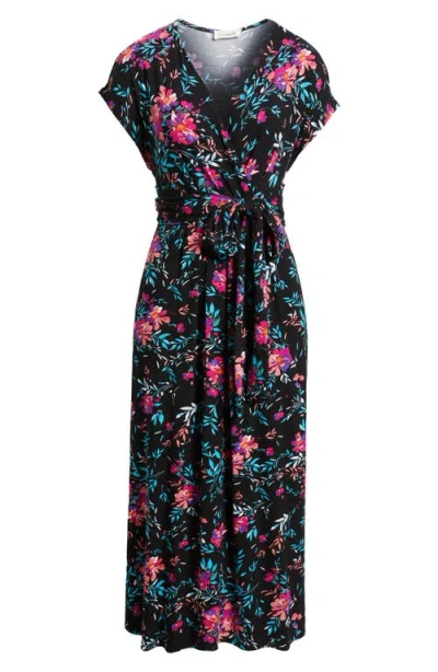 LOVEAPPELLA LOVEAPPELLA FLORAL PRINT FAUX WRAP MIDI DRESS
