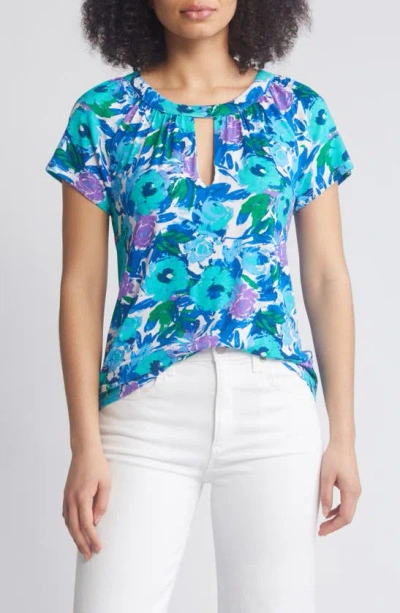 Loveappella Floral Print Keyhole Top In Blue