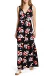 Loveappella Floral Print Maxi Dress In Black/coral