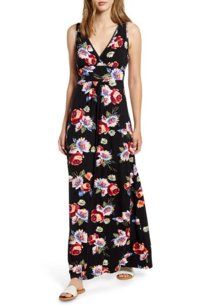 Loveappella Floral Print Maxi Dress In Black/coral