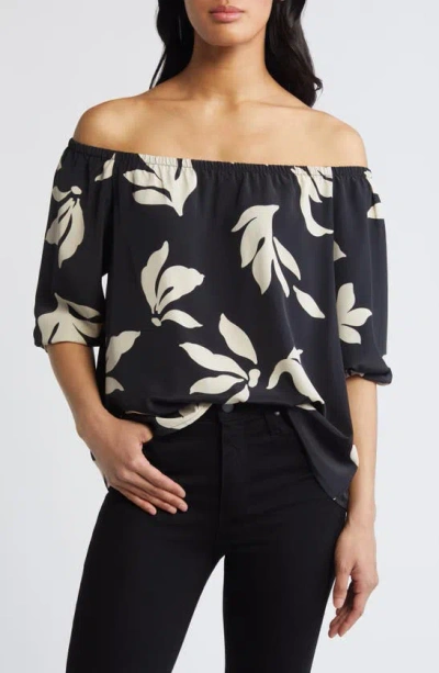 Loveappella Floral Print Off The Shoulder Top In Black/ Nat