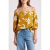 Loveappella Floral Print Off The Shoulder Top In Dijon Natural