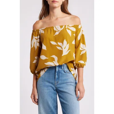 Loveappella Floral Print Off The Shoulder Top In Neutral