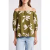 Loveappella Floral Print Off The Shoulder Top In Olive Natural