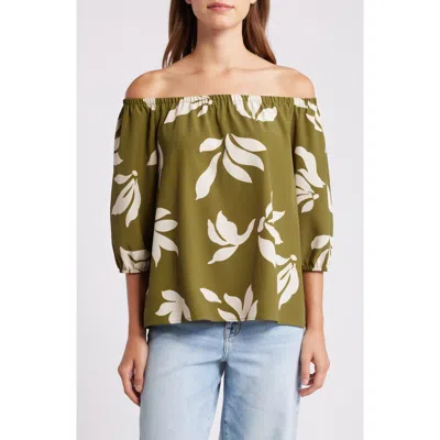 Loveappella Floral Print Off The Shoulder Top In Olive Natural