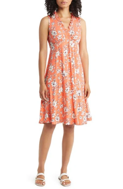 Loveappella Floral Print Ruffle Empire Waist Dress In Coral/ivory