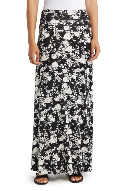 Loveappella Floral Roll Top Maxi Skirt In Black