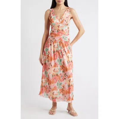 Loveappella Floral Ruched Mesh Maxi Dress In Multi