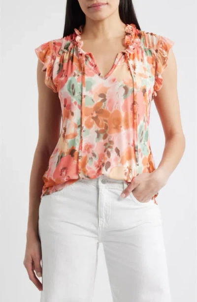 Loveappella Floral Ruffle Trim Split Neck Top In Orange