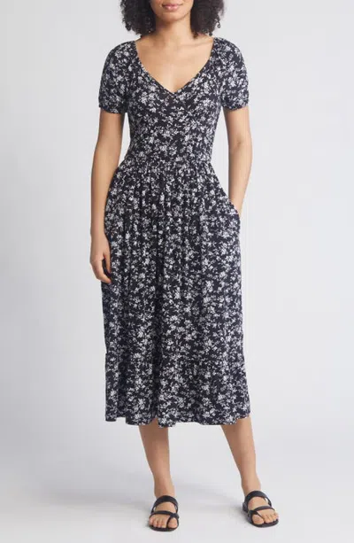 Loveappella Floral Short Sleeve Midi Dress In Blue