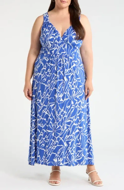 Loveappella Floral Sleeveless Jersey Maxi Dress In Blue