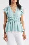Loveappella Flutter Sleeve Empire Waist Top In Blue