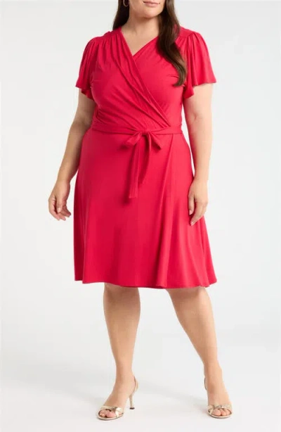 Loveappella Flutter Sleeve Faux Wrap Jersey Dress In Red