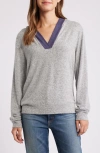 Loveappella Hooded V-neck Pullover In Gray/navy