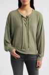 Loveappella Lace-up Knit Top In Olive