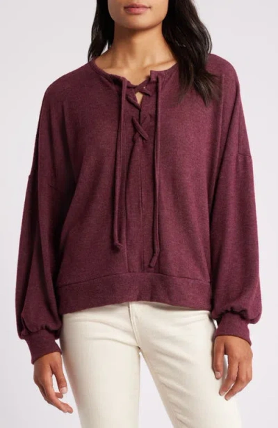 Loveappella Lace-up Knit Top In Plum