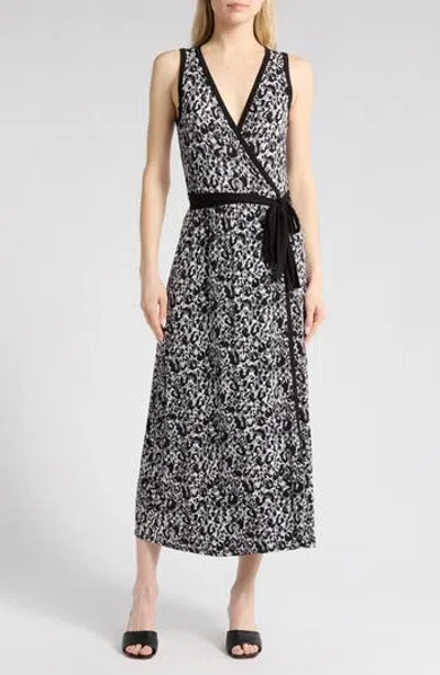 Loveappella Leopard Spot Sleeveless Faux Wrap Dress In Gray/black