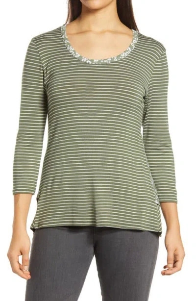Loveappella Leopard Stripe Peplum Top In Olive/ivory