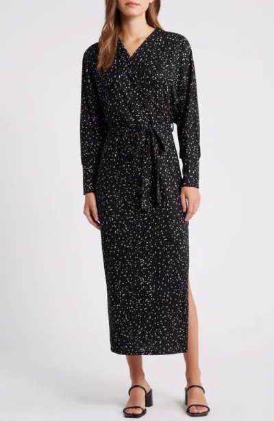 Loveappella Long Sleeve Faux Wrap Dress In Black