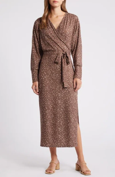 Loveappella Long Sleeve Faux Wrap Dress In Taupe