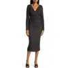 Loveappella Long Sleeve Faux Wrap Midi Dress In Black