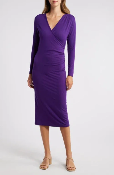 Loveappella Long Sleeve Faux Wrap Midi Dress In Dark Purple