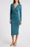 Loveappella Long Sleeve Faux Wrap Midi Dress In Dark Teal