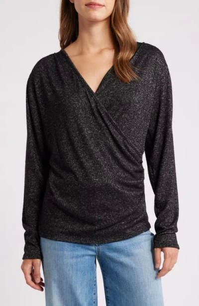 Loveappella Long Sleeve Faux Wrap Top In Black