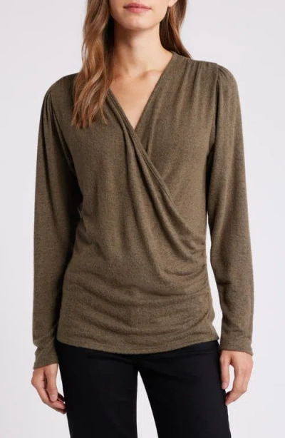 Loveappella Long Sleeve Faux Wrap Top In Olive