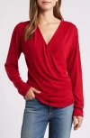 Loveappella Long Sleeve Faux Wrap Top In Red