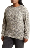 Loveappella Loveapella Brushed Leopard Print Long Sleeve Crewneck Top In Camel/black