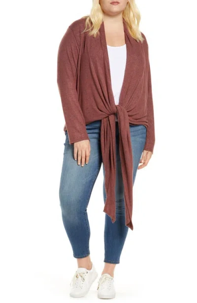 Loveappella Multi Wear Tie Front Draped Cardigan In Raisin